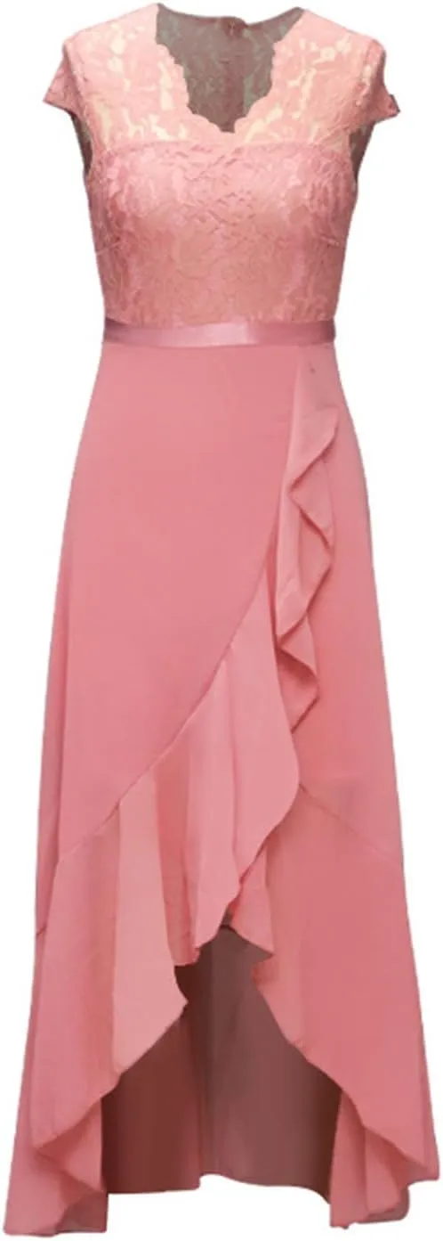Women's Summer Bridesmaid Dresses Chiffon Wrap Sexy Summer Dresses V Neck Retro Lace Ruffle Midi Sundress