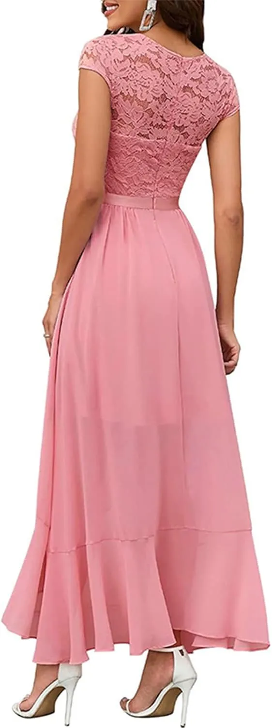 Women's Summer Bridesmaid Dresses Chiffon Wrap Sexy Summer Dresses V Neck Retro Lace Ruffle Midi Sundress