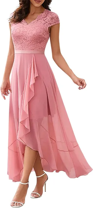 Women's Summer Bridesmaid Dresses Chiffon Wrap Sexy Summer Dresses V Neck Retro Lace Ruffle Midi Sundress