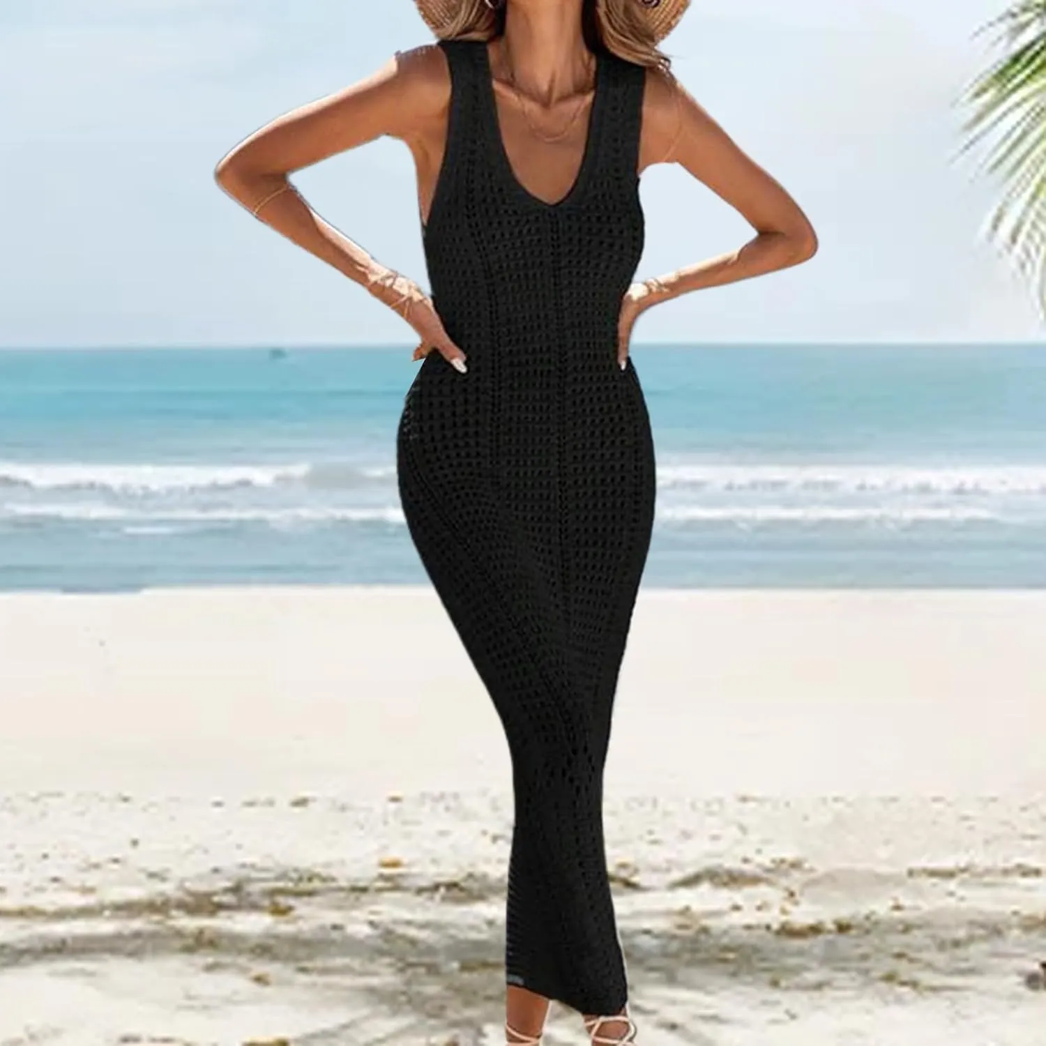 Womens Summer Maxi Dress Casual V Neck Sleeveless Hollow Out Strap Dresses Slim Fit Tunic Cover Up Beach Sundress