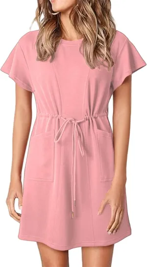 Women's Summer Short Sleeve T Shirt Dress Casual Drawstring Crewneck Mini Dress Tie Waist Dresses with Pockets
