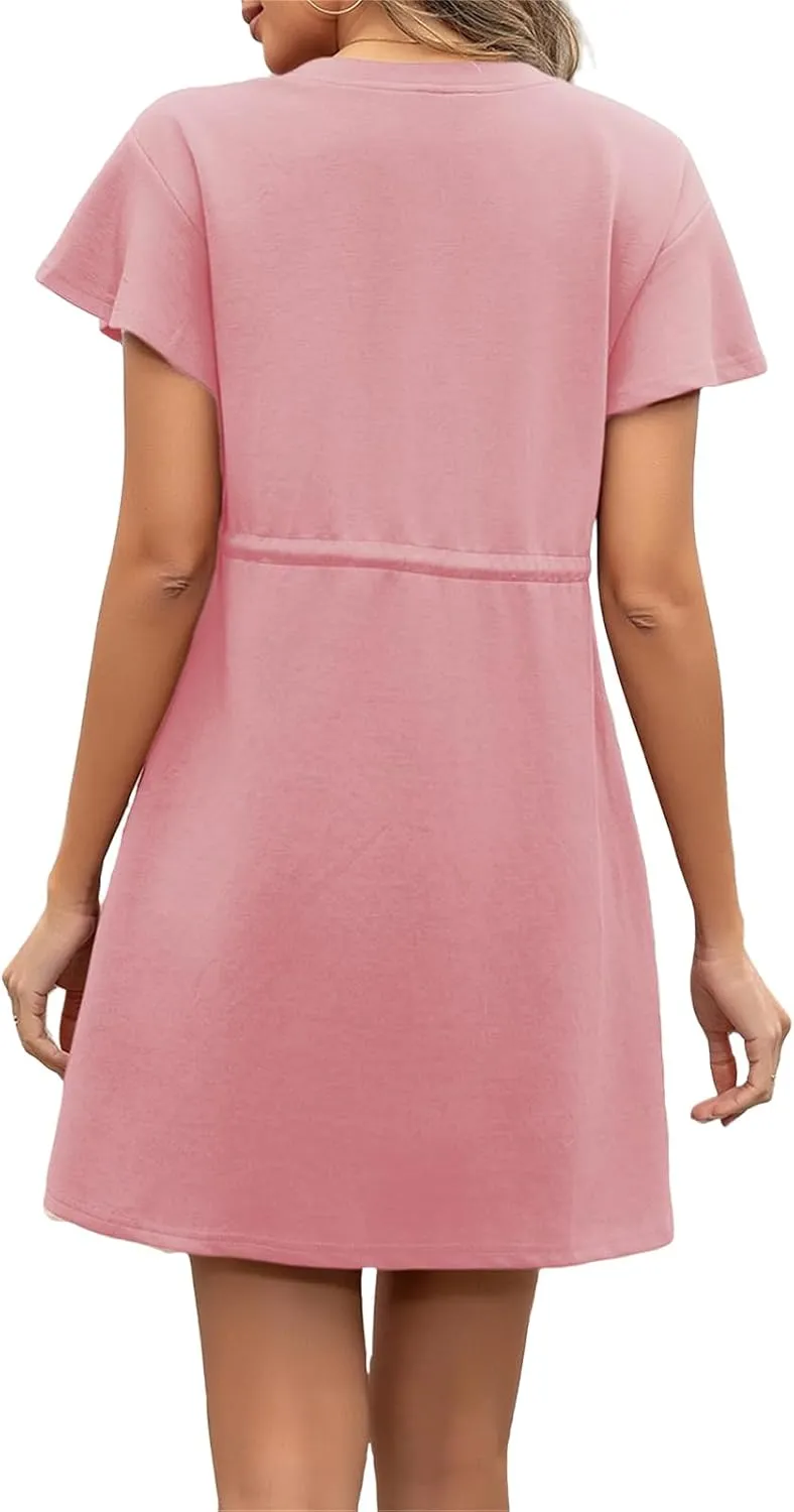Women's Summer Short Sleeve T Shirt Dress Casual Drawstring Crewneck Mini Dress Tie Waist Dresses with Pockets