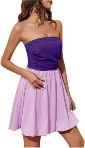 Women's Summer Strapless Mini Dress Tube Top Bubble Skirt 2025 Short Pleated A Line Patchwork Beach Party Sundress