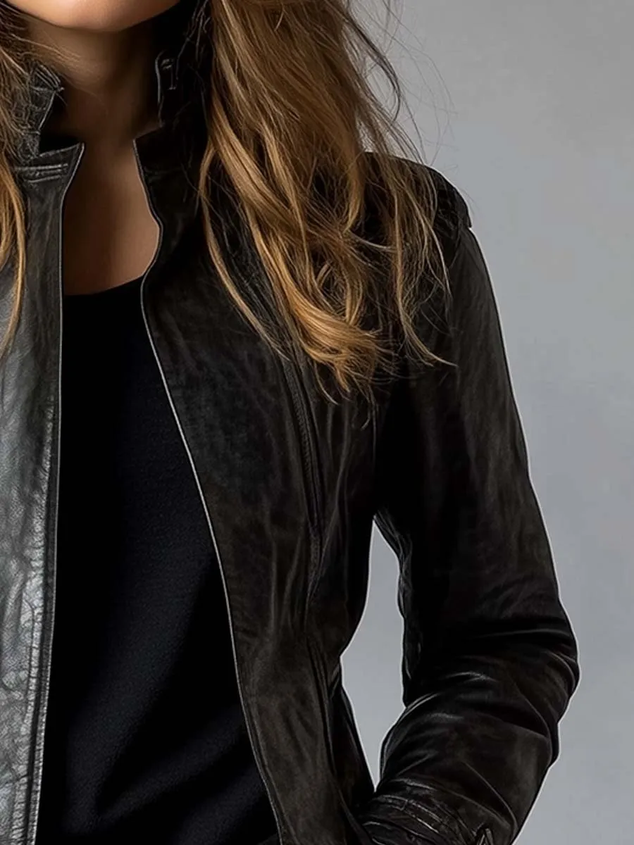 Women's Vintage Stand Collar Leather Jacket