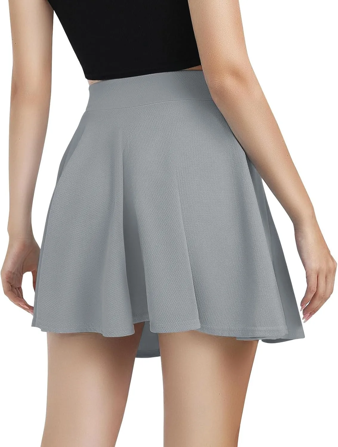 XOWRTE Women's Flared Pleated Skater Skirt Basic Casual High Waisted Ruffles Flared Mini Lingerie Skirts with Shorts