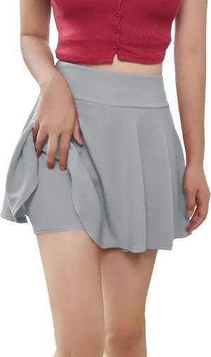 XOWRTE Women's Flared Pleated Skater Skirt Basic Casual High Waisted Ruffles Flared Mini Lingerie Skirts with Shorts