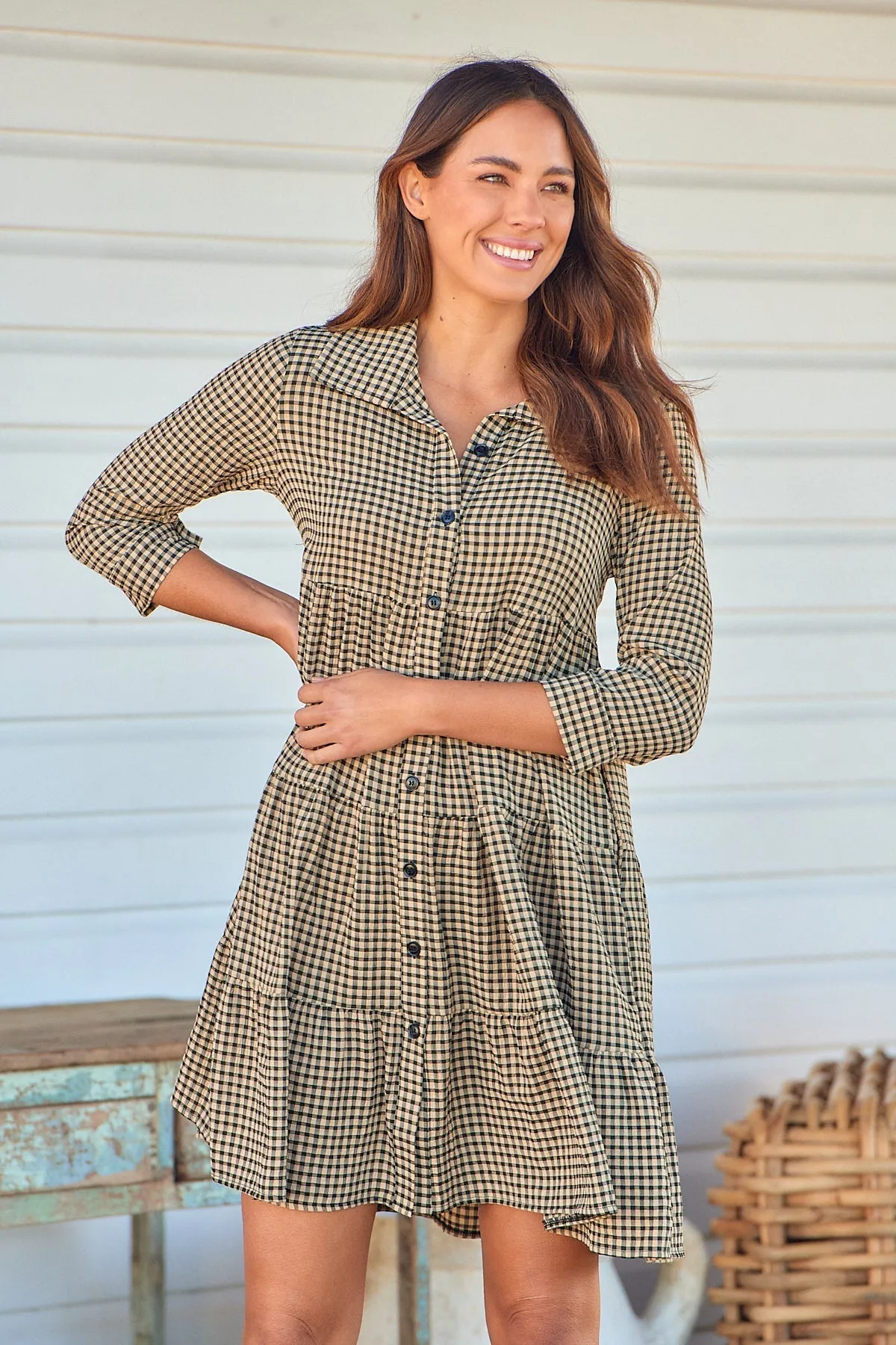 Yarra Tiered Beige/Black Gingham Print Collared Dress
