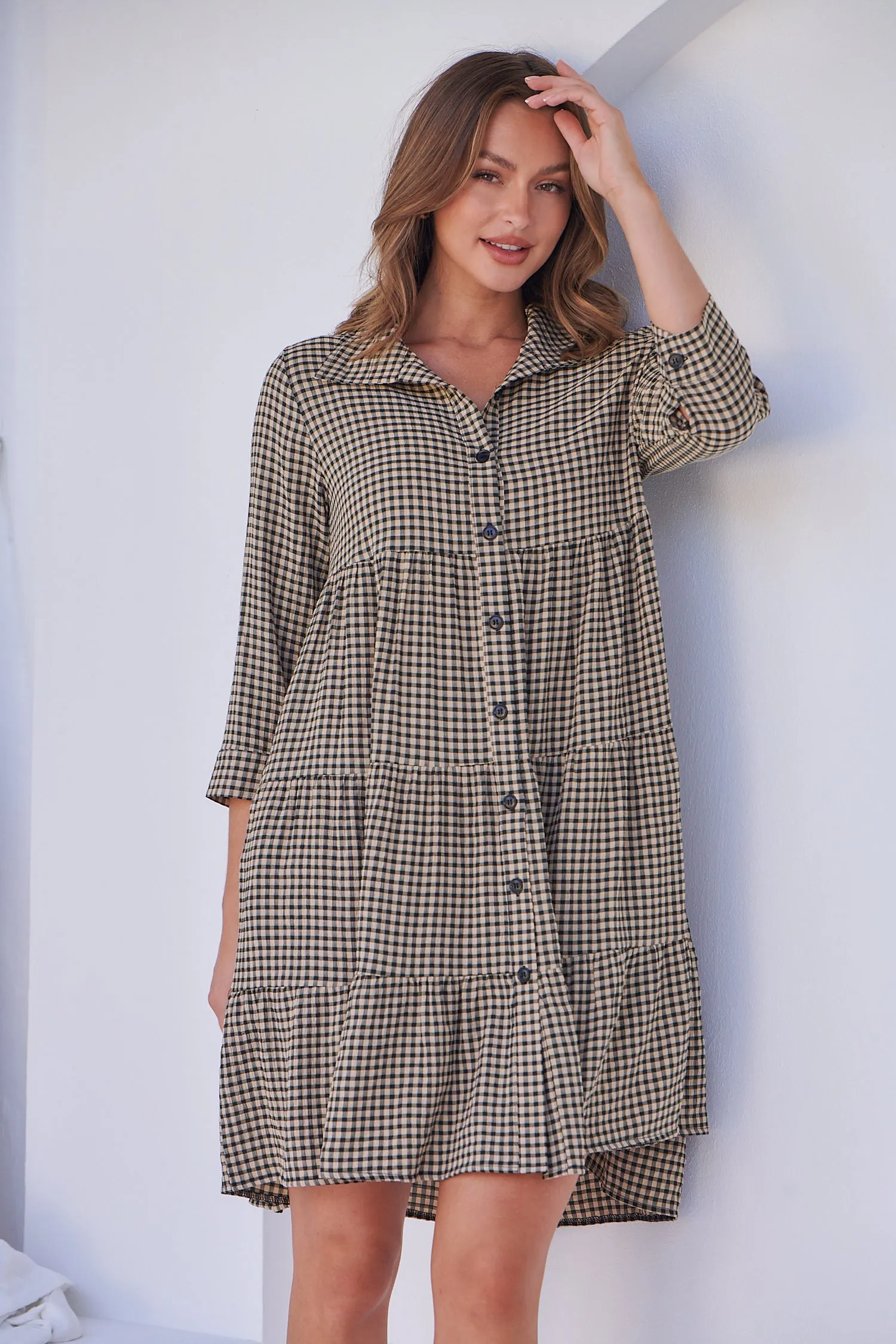 Yarra Tiered Beige/Black Gingham Print Collared Dress