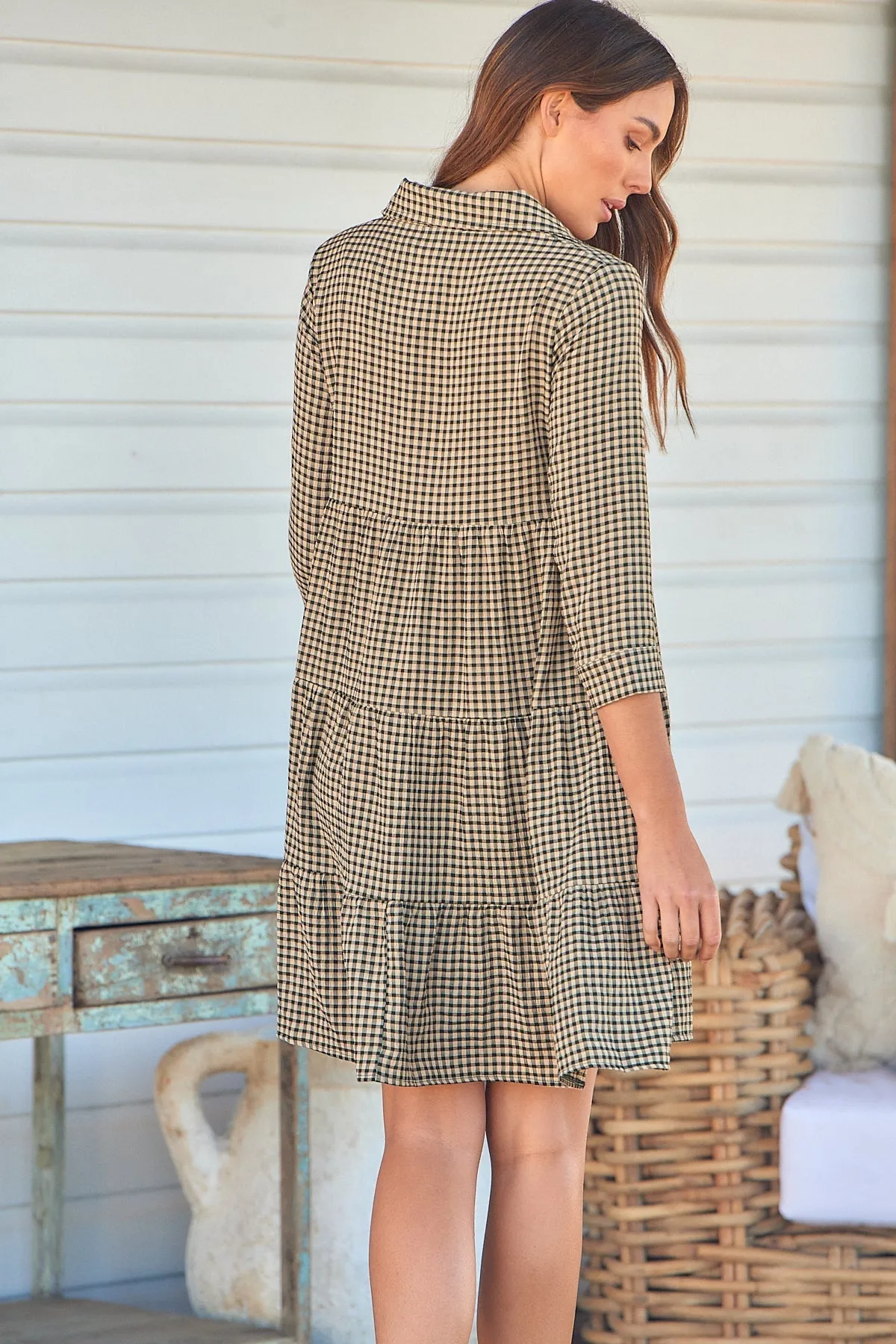 Yarra Tiered Beige/Black Gingham Print Collared Dress