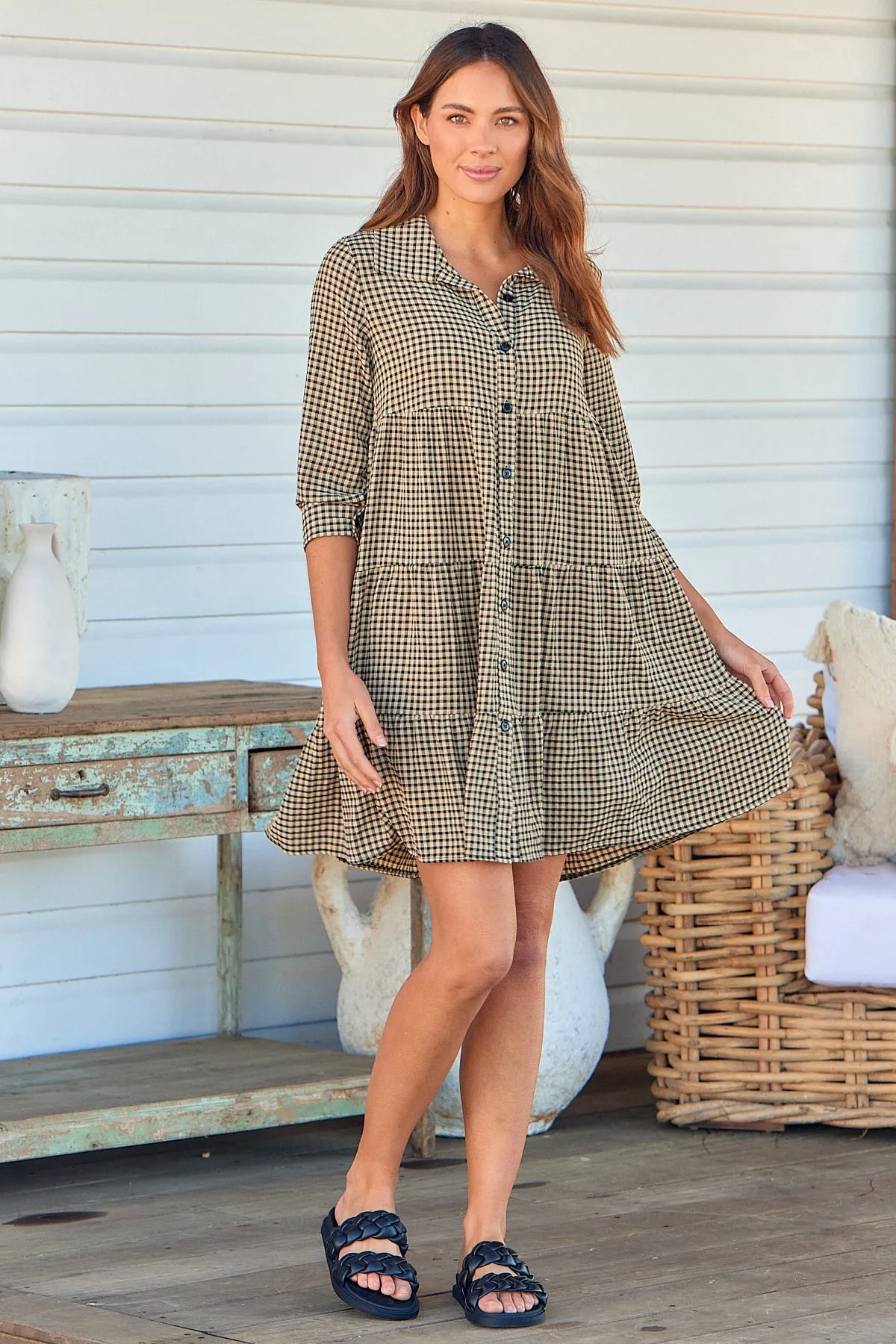 Yarra Tiered Beige/Black Gingham Print Collared Dress
