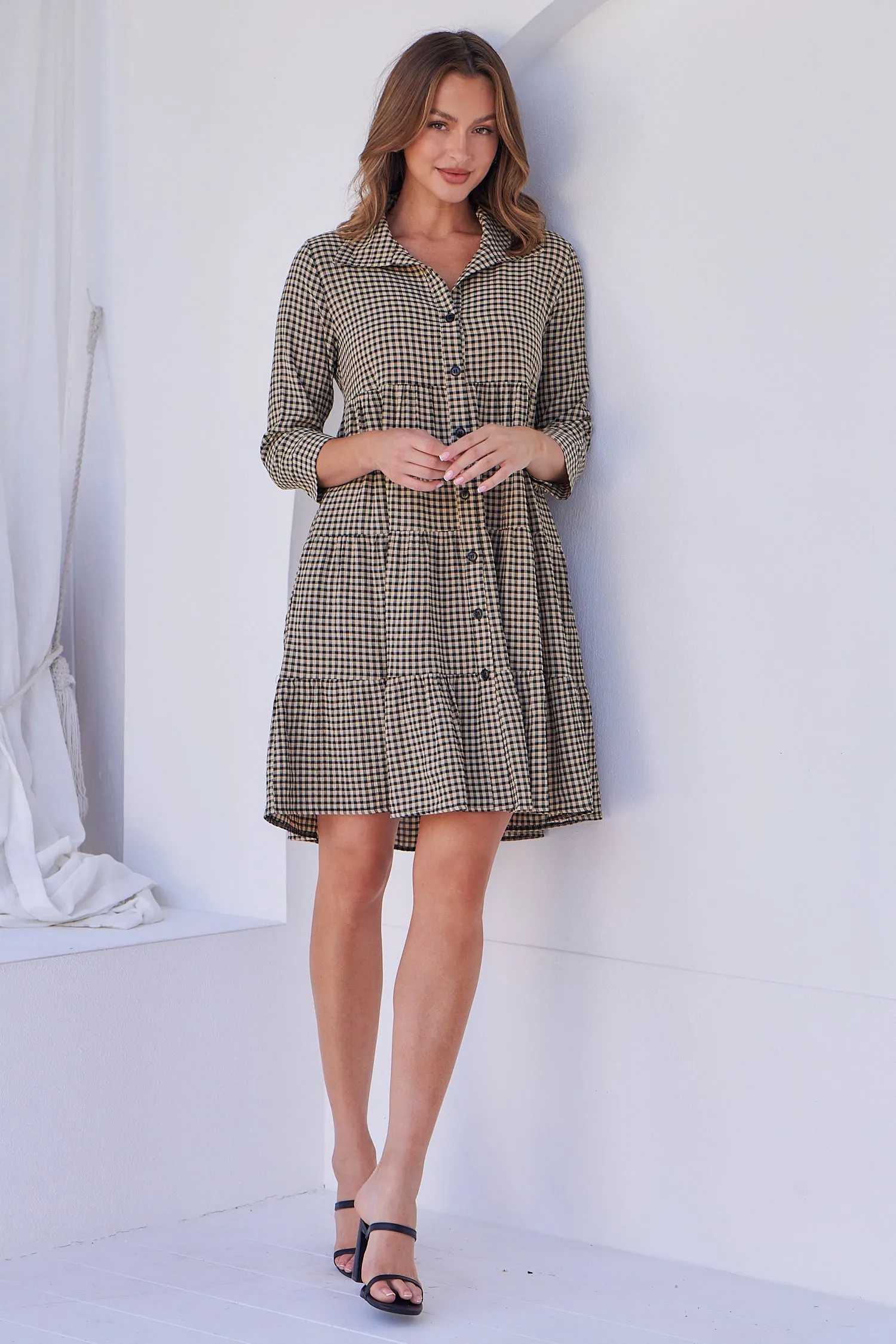 Yarra Tiered Beige/Black Gingham Print Collared Dress