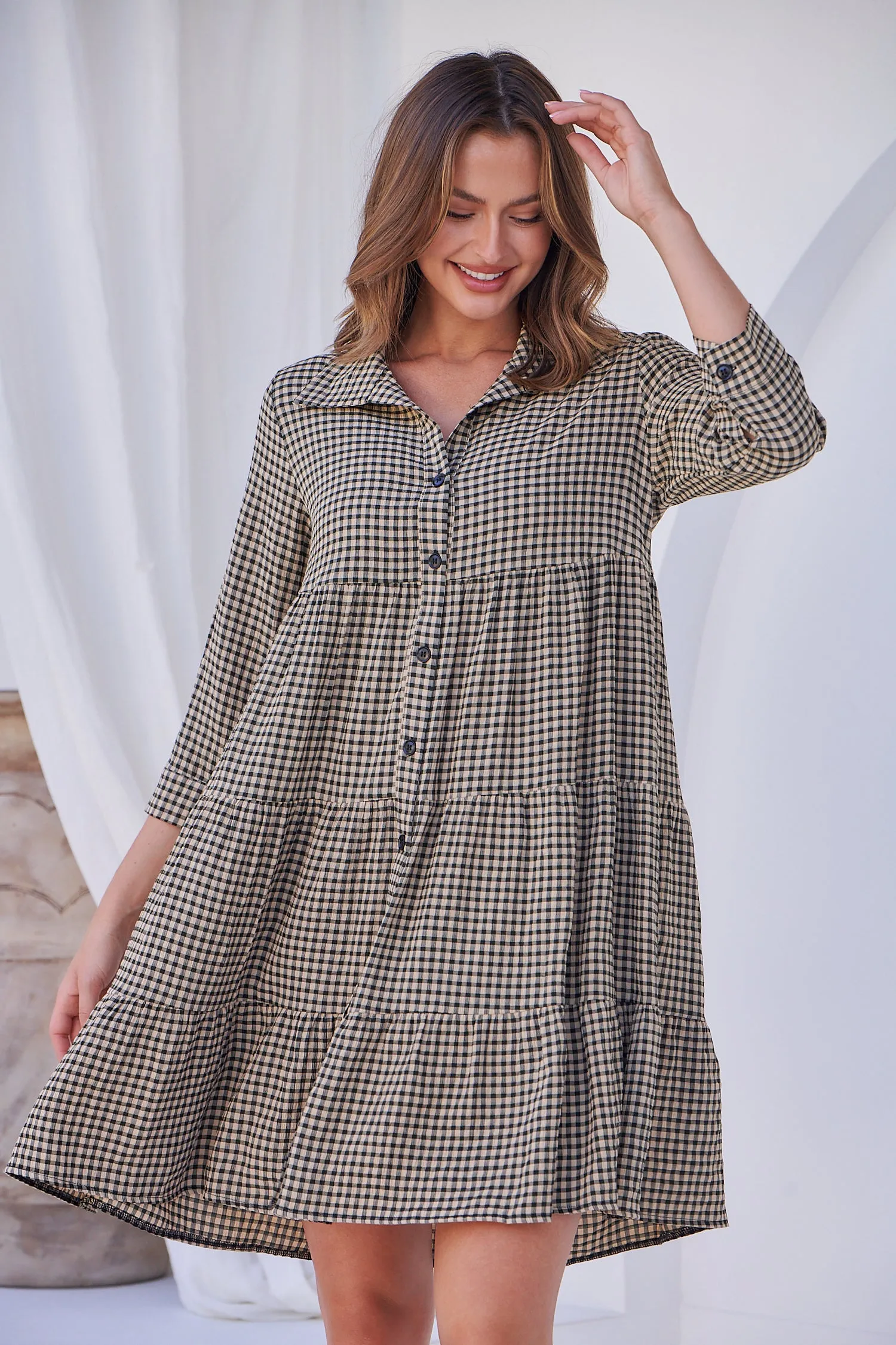 Yarra Tiered Beige/Black Gingham Print Collared Dress