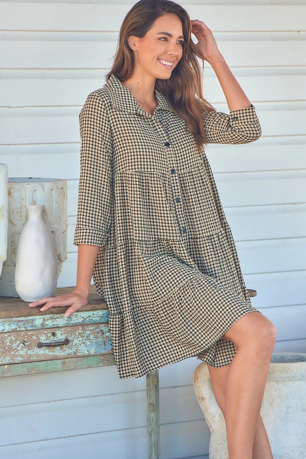 Yarra Tiered Beige/Black Gingham Print Collared Dress