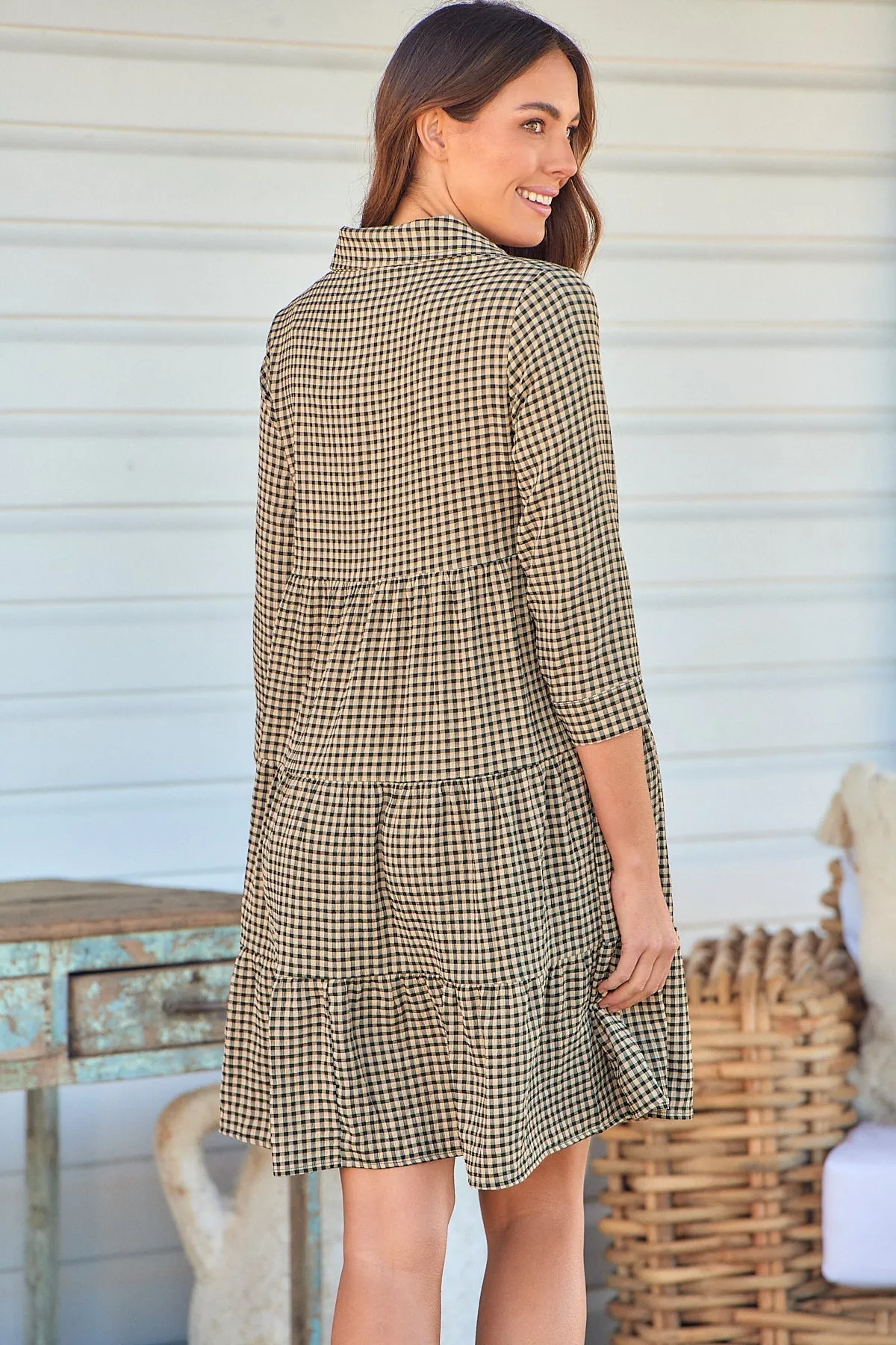 Yarra Tiered Beige/Black Gingham Print Collared Dress
