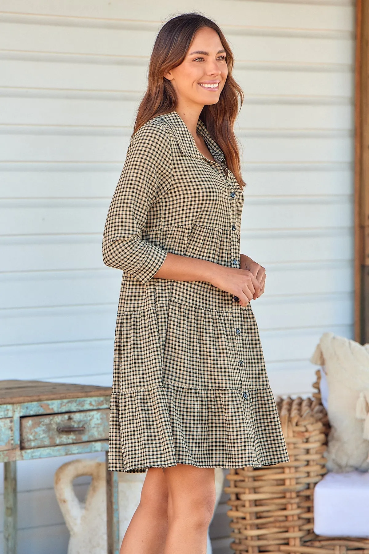 Yarra Tiered Beige/Black Gingham Print Collared Dress