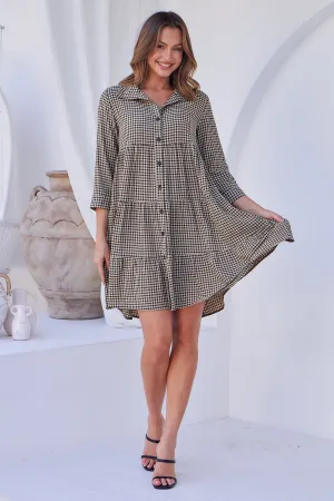Yarra Tiered Beige/Black Gingham Print Collared Dress