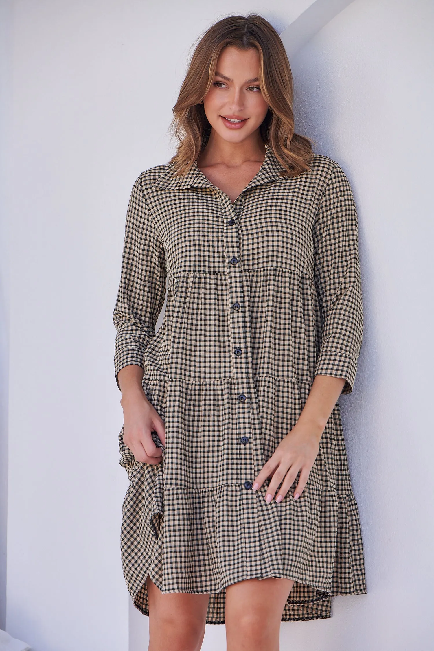 Yarra Tiered Beige/Black Gingham Print Collared Dress