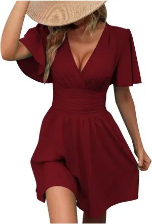 YRAETENM Wrap Dress for Women Summer Ruched a Line Mini Dress Casual Elegant Short Sleeve V Neck Swing Short Dress