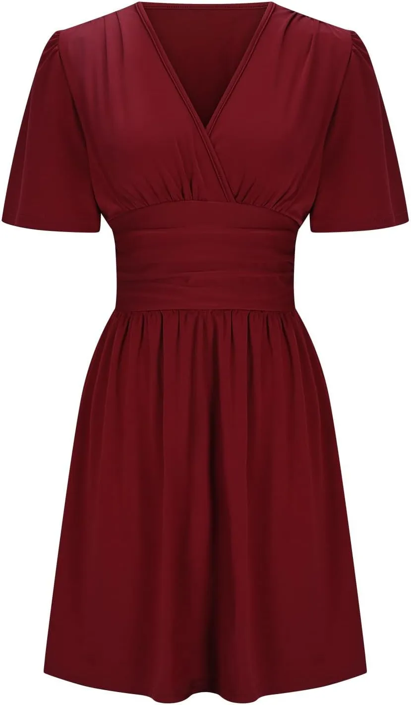 YRAETENM Wrap Dress for Women Summer Ruched a Line Mini Dress Casual Elegant Short Sleeve V Neck Swing Short Dress
