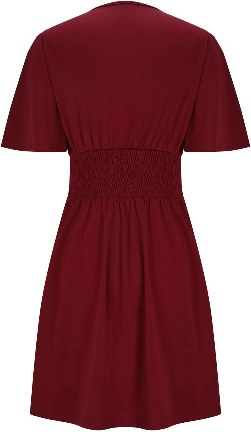 YRAETENM Wrap Dress for Women Summer Ruched a Line Mini Dress Casual Elegant Short Sleeve V Neck Swing Short Dress