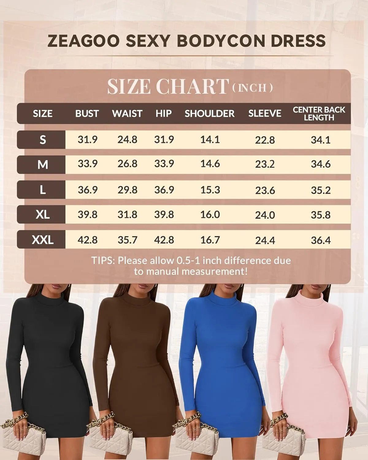 Zeagoo Women's Bodycon Dress Long Sleeve Slim Fit Turtleneck Dress